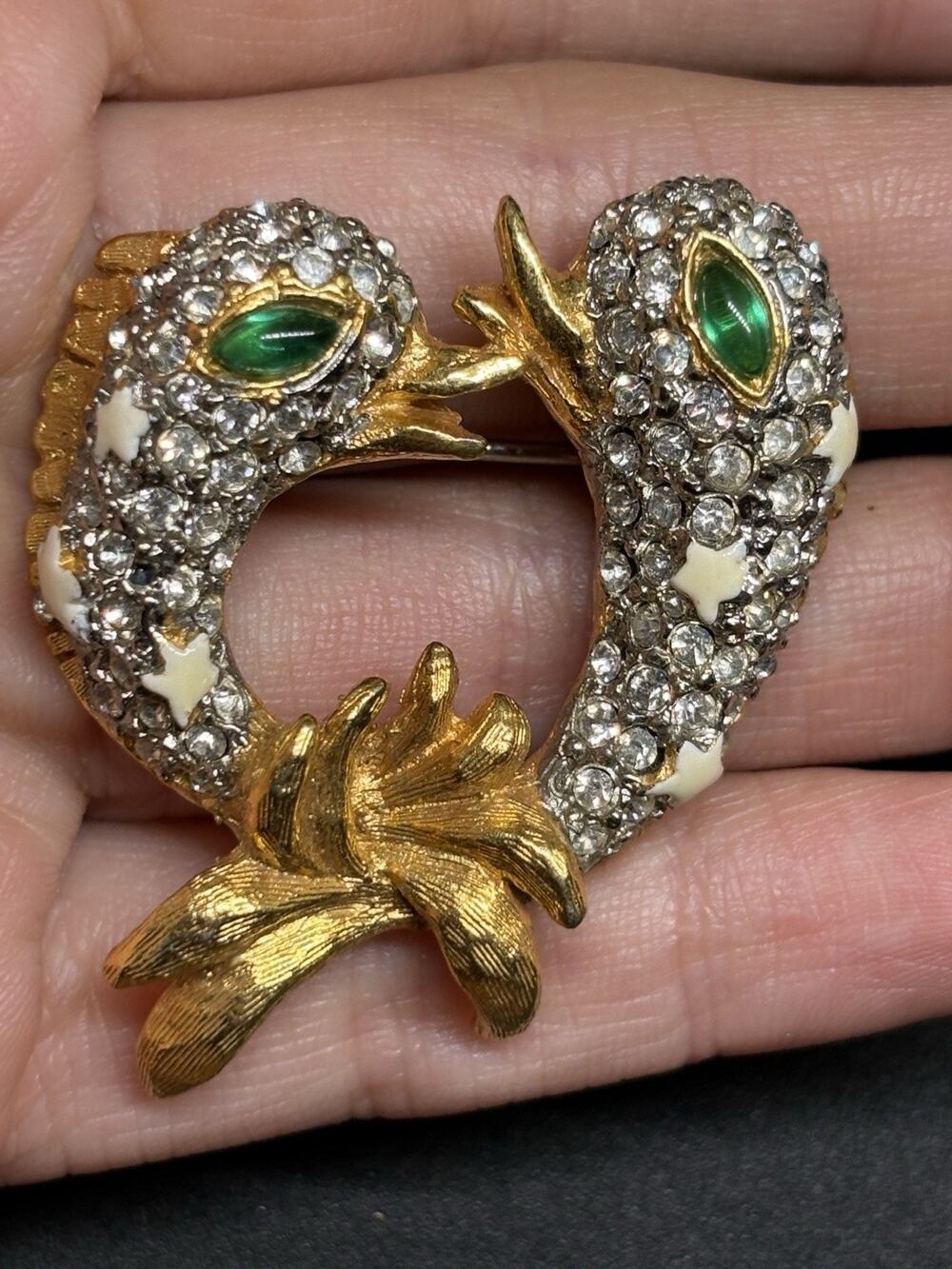 Vintage KJL Kenneth Jay Lane Double Swan Bird Pave Rhinestone Brooch Pin